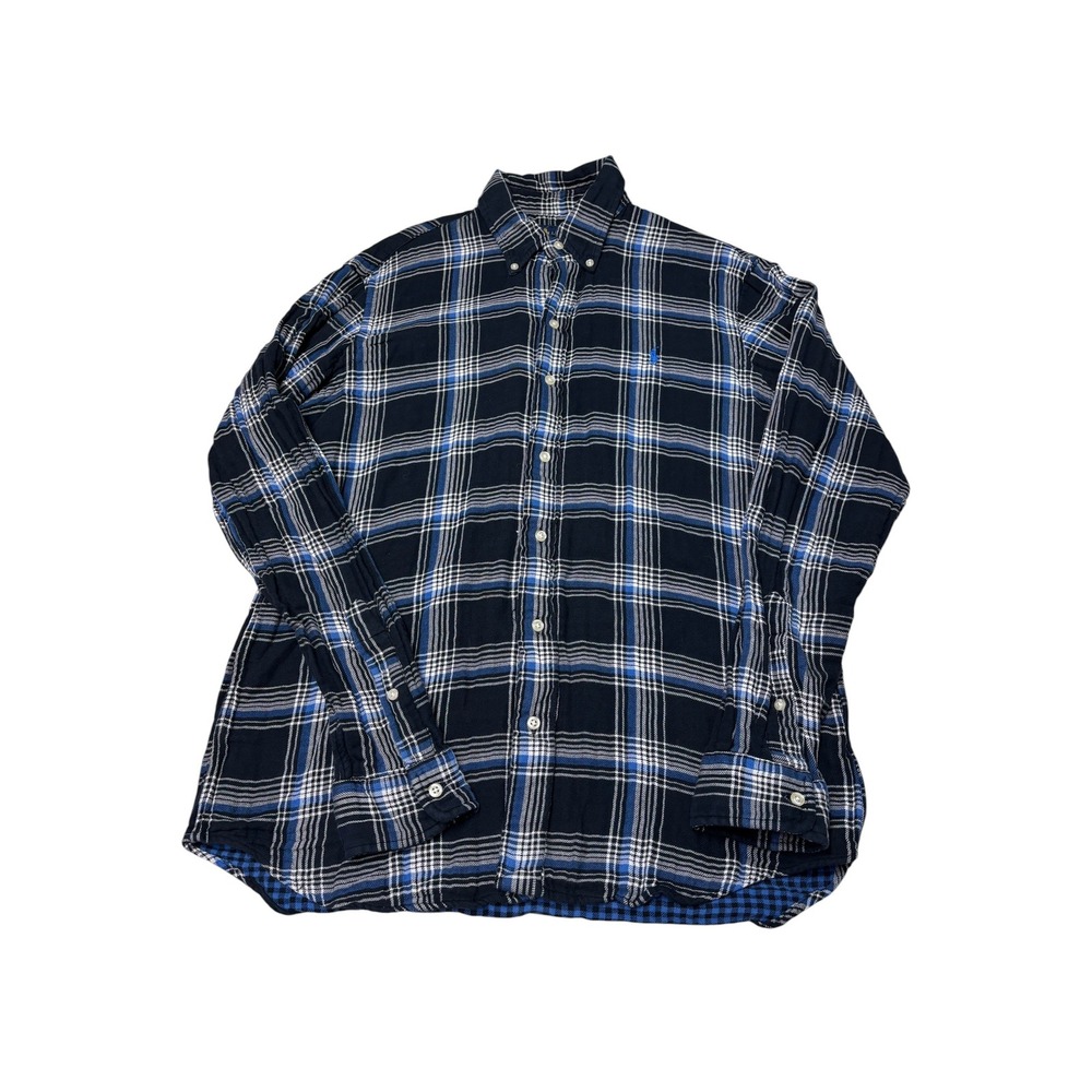 Polo‎ Ralph Lauren Mens Classic Fit Plaid Flannel Shirt Navy Blue Cotton Medium